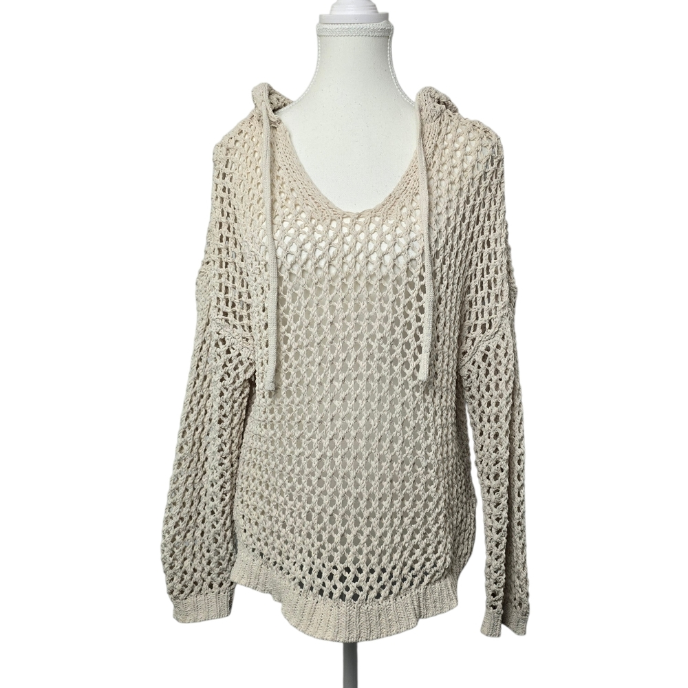 Artelier by Nicole Miller Cream Hooded Crochet Sheer Sweater Oversized S Boho